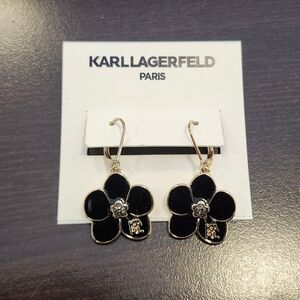 NWT Karl Lagerfeld Gold-Tone Black Flower Drop Earrings